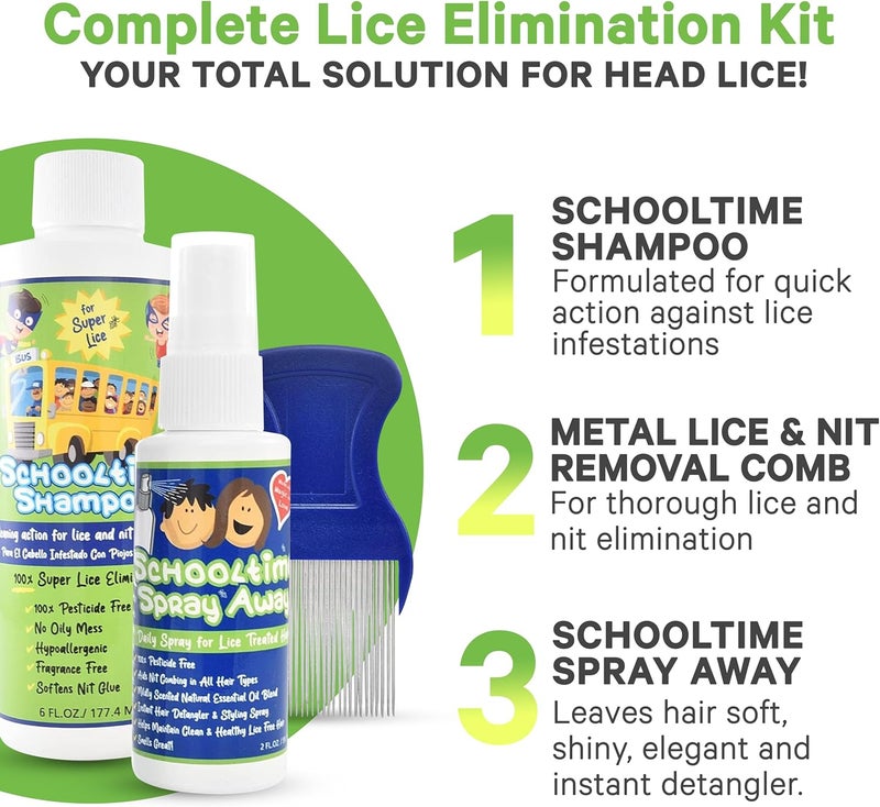 Schooltime Complete Lice Removal Kit for Kids with 6 oz Shampoo, 2 oz Spray & Stainless Steel Comb. Non Toxic, Non Oily. Enzyme and Pesticide Free. - Image 2